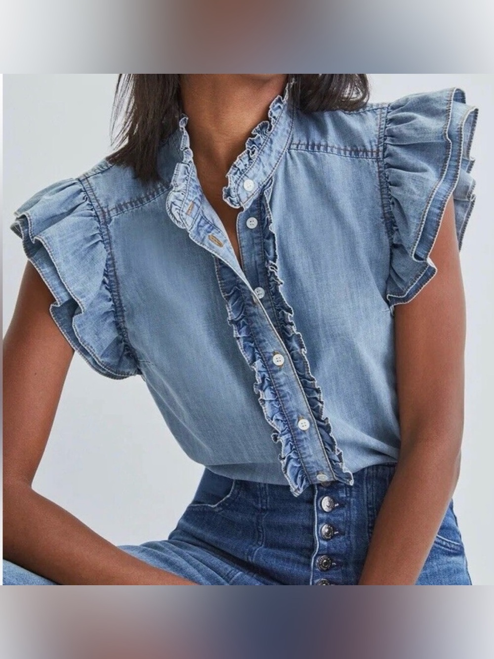 Veronica Beard Tennille Ruffles Chambray Blouse Top Cottagecore Small Blue